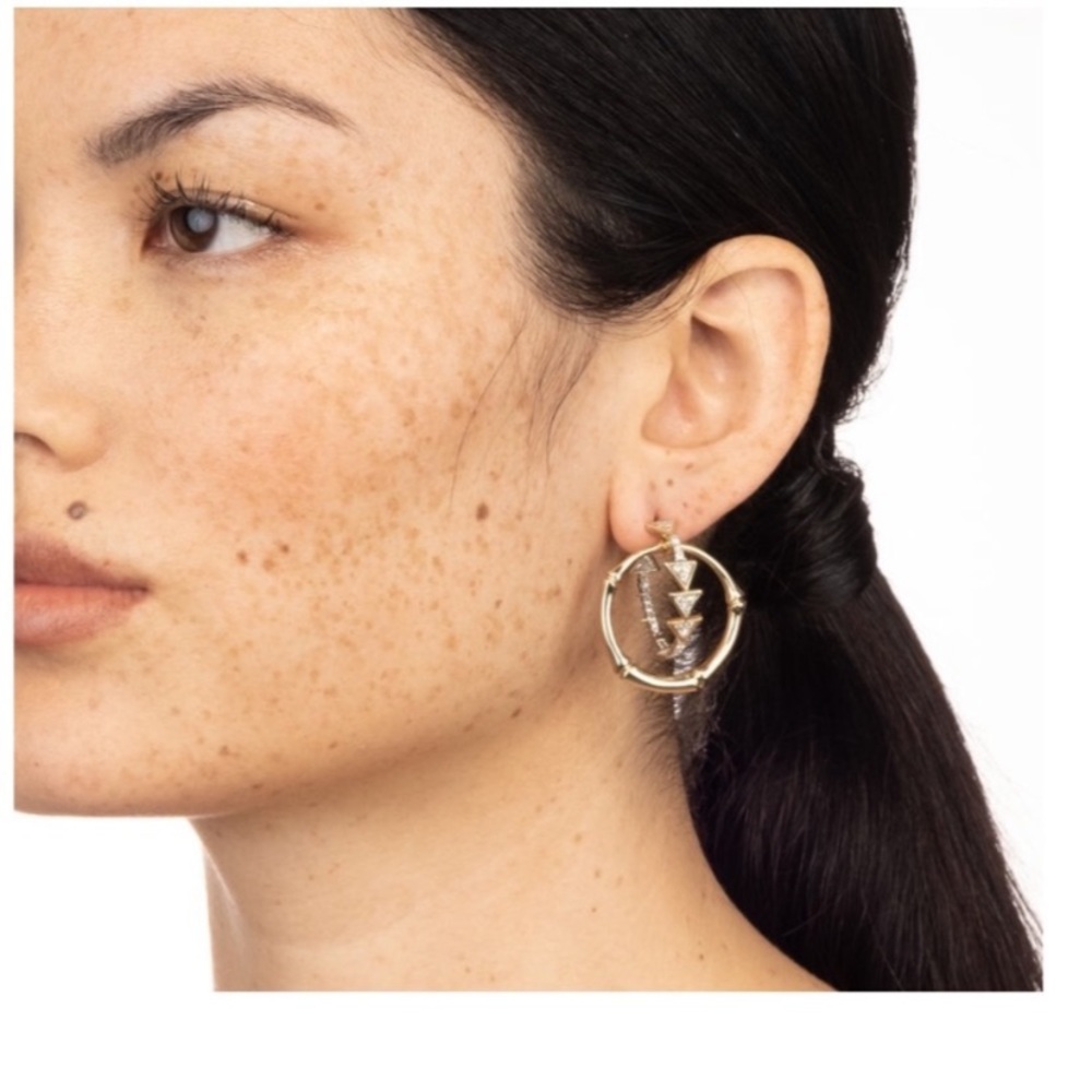 ALEXIS BITTAR • Gold & Silver Bamboo Crystal Double Hoop Orbiting Post Earrings - Picture 2 of 10